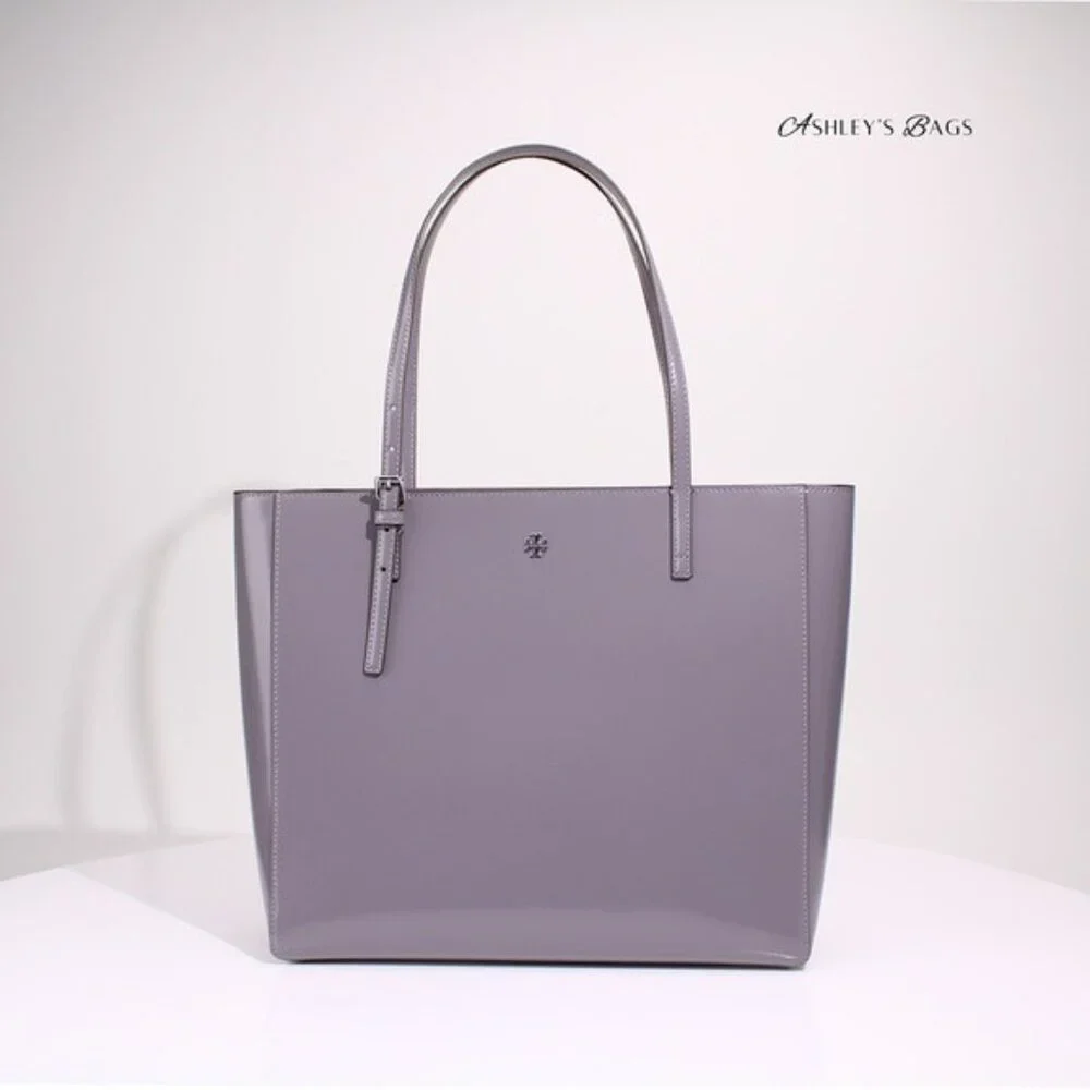 Tory Burch Large Patent Leather Emerson Tote In Grey